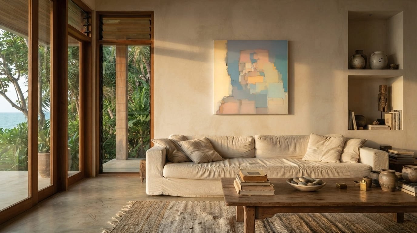 Interior of a villa with the artwork "Tidal Cognition", 90 × 90 cm, 2026.