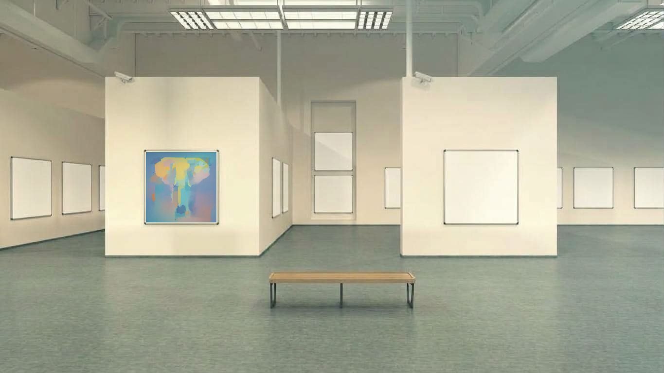 Interior of a private gallery with the artwork "Veil Drift", 90 × 90 cm, 2026.