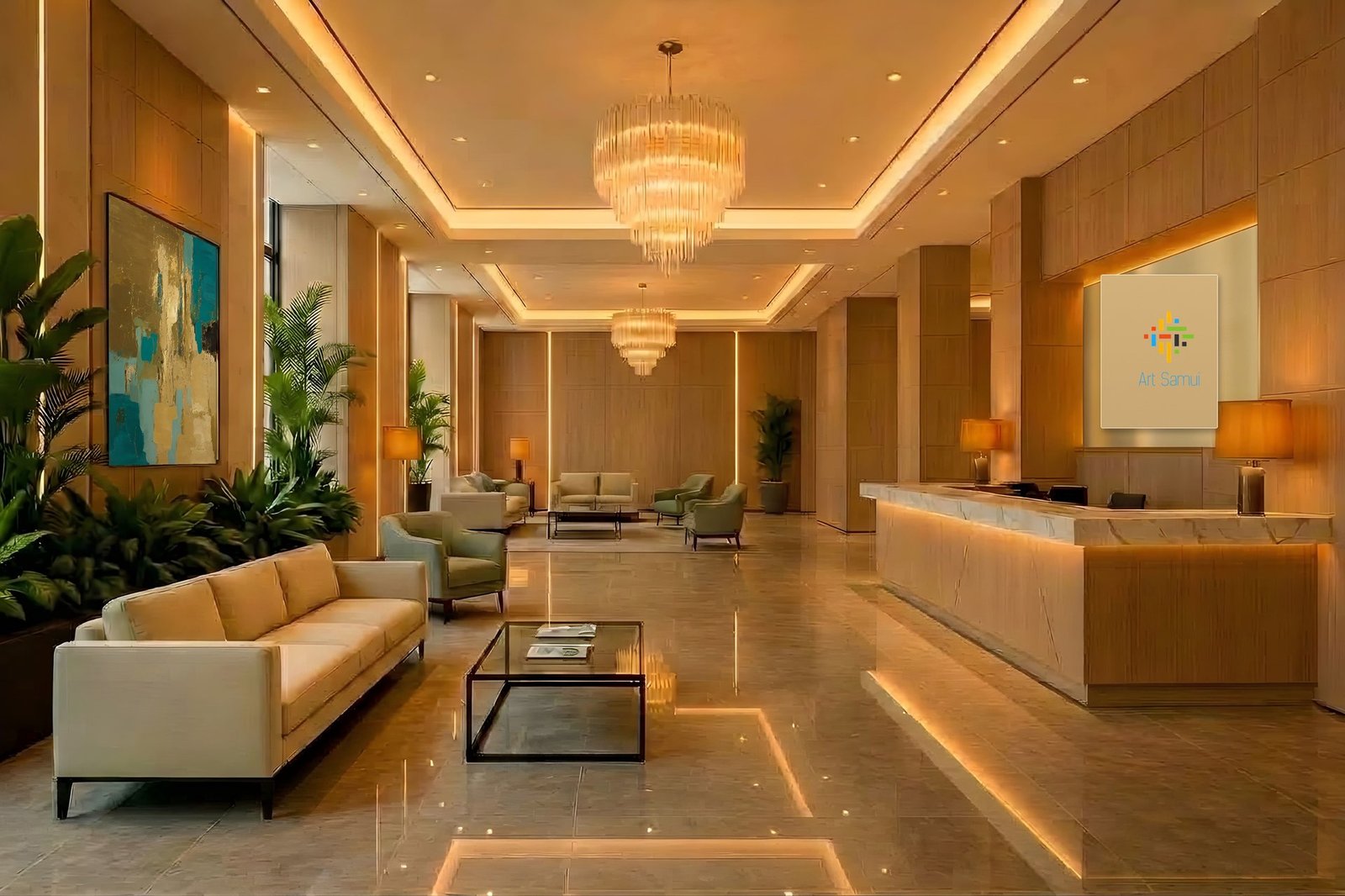 Interior of a hotel lobby with the artwork "Perceptual Ocean", 90 × 90 cm, 2026.