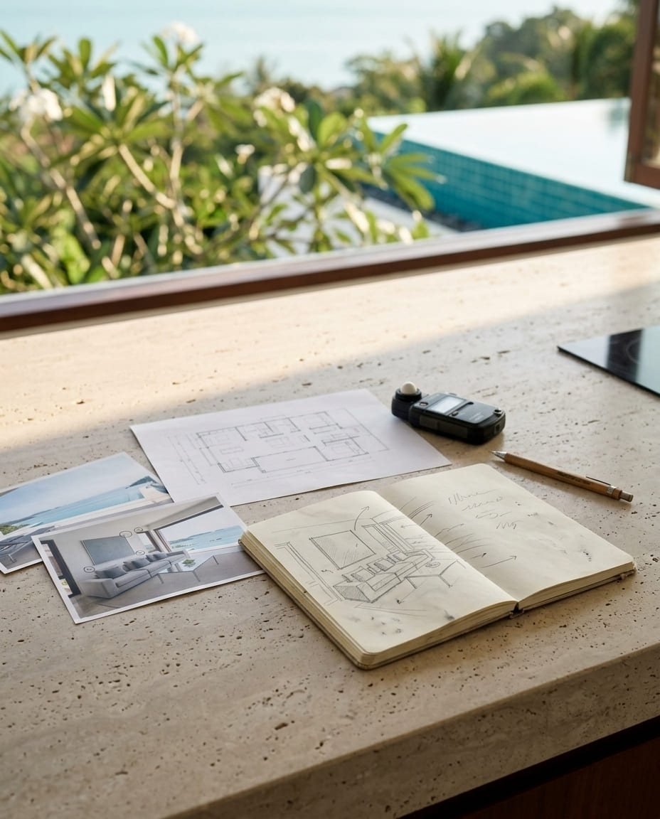 Listing photographs, floor plan and light meter laid out during a perceptive audit of a villa