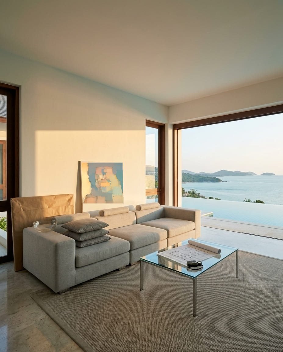 Villa living room during a perceptual renovation, generic decoration set aside