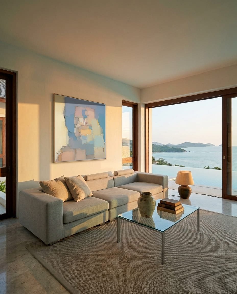 The same villa living room after a perceptual renovation, in late afternoon light