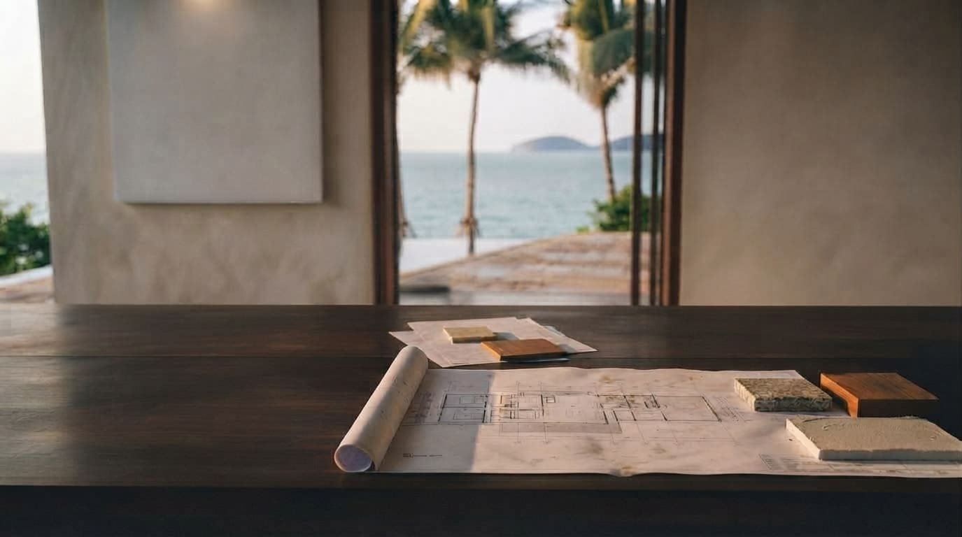 An architect's table with plans and material samples, facing the sea